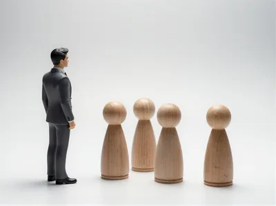 Business Leader Facing Wooden Figurines On White Background