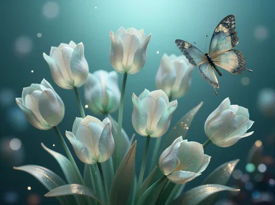 Elegant White Tulips With A Translucent Butterfly