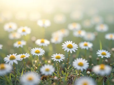 Field Of Blooming White Daisies In Morning Sunlight