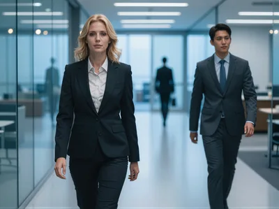 Professional Business People Walking Through Modern Office Corridor