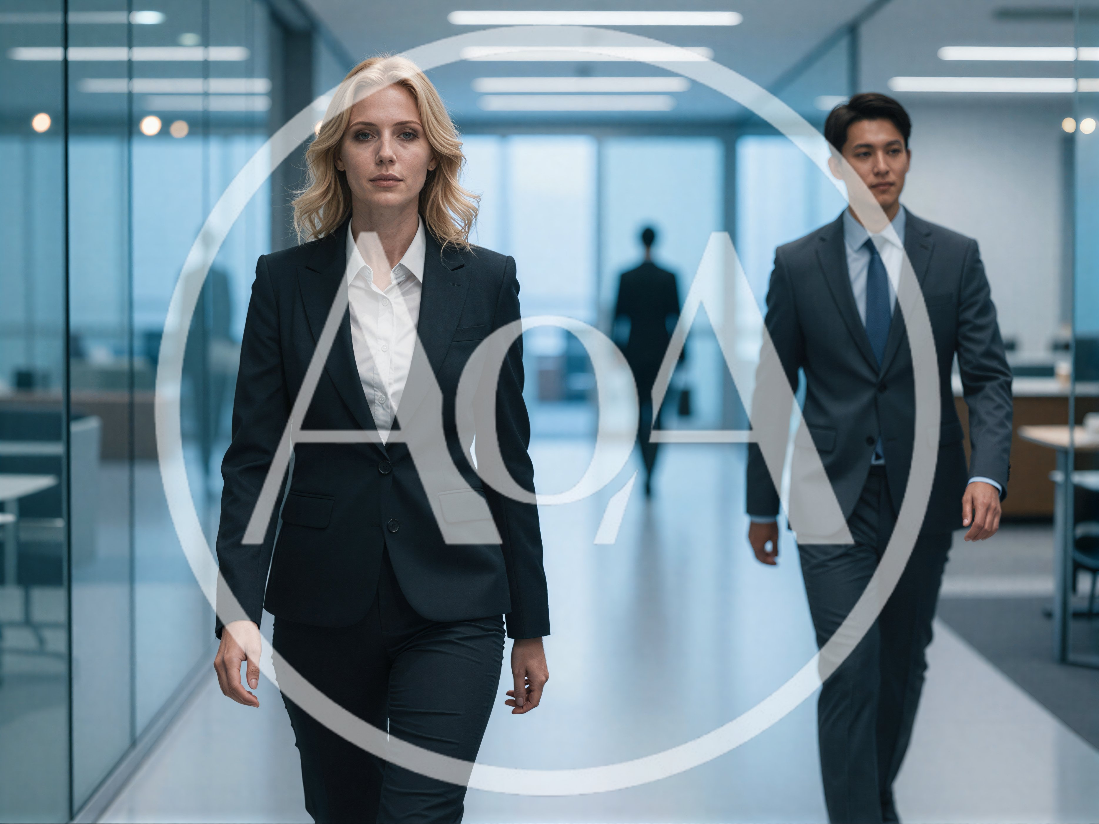 Professional Business People Walking Through Modern Office Corridor