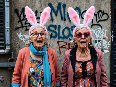 Two Elderly Women Wearing Bunny Ears Against Graffiti Wall