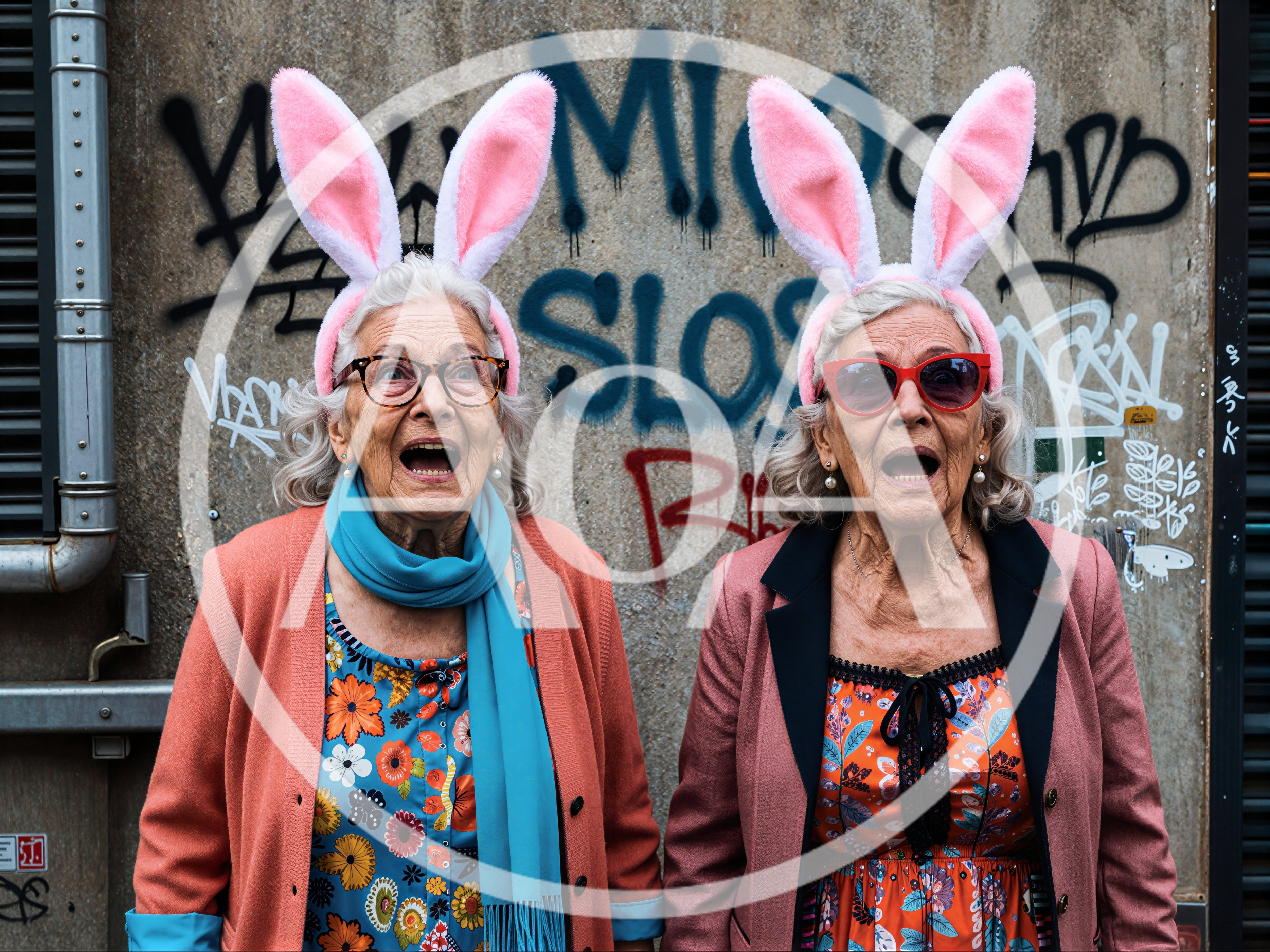 Two Elderly Women Wearing Bunny Ears Against Graffiti Wall