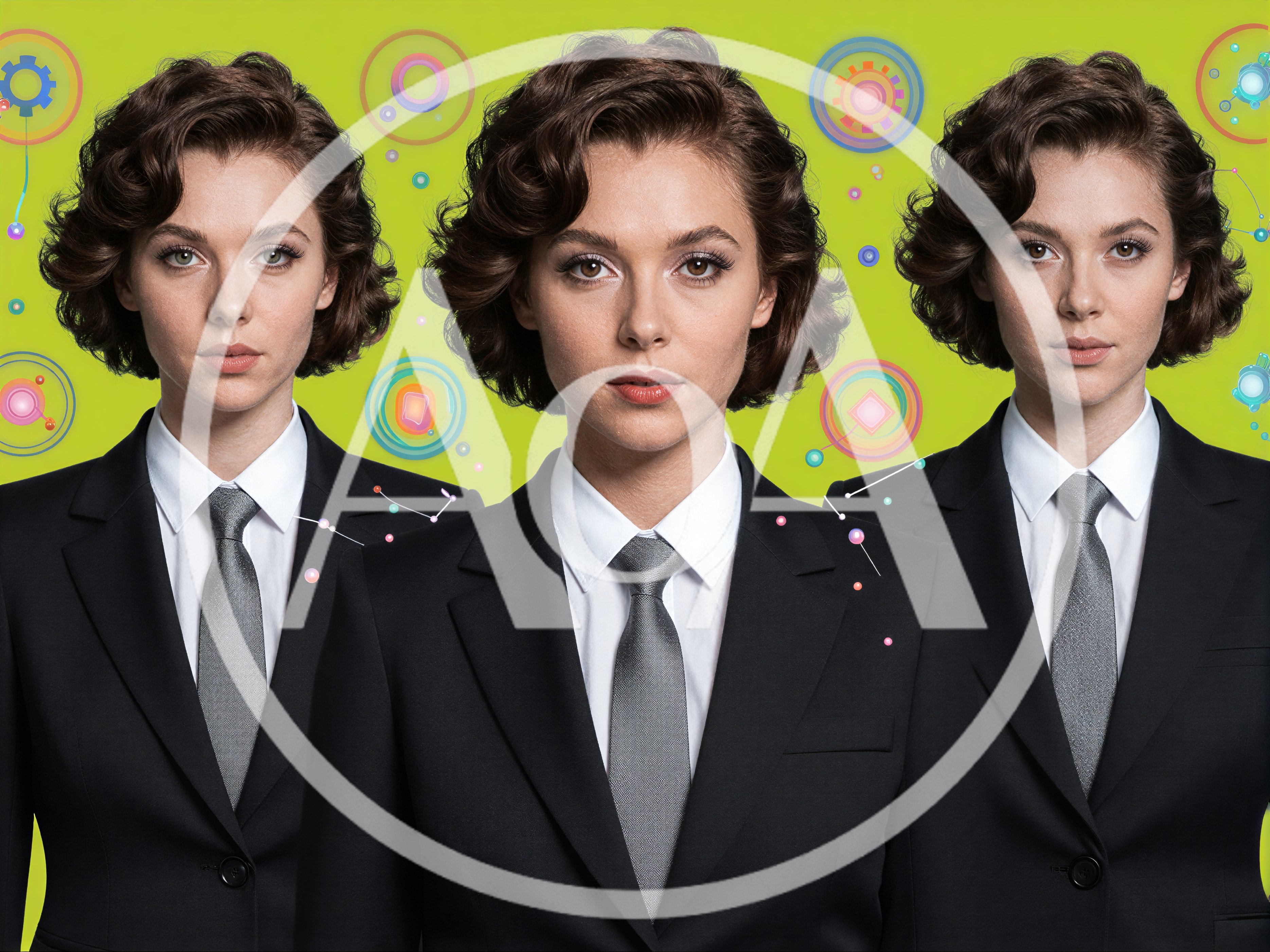 Three Identical Businesswomen Standing Against A Digital Background