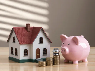 Model House With Piggy Bank And Stacked Coins