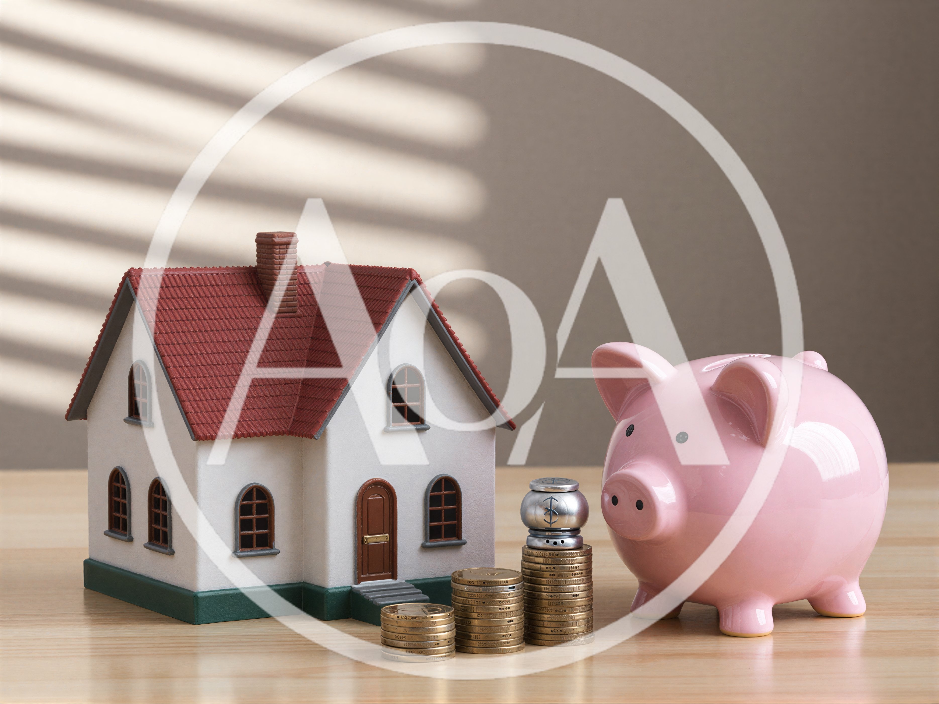 Model House With Piggy Bank And Stacked Coins