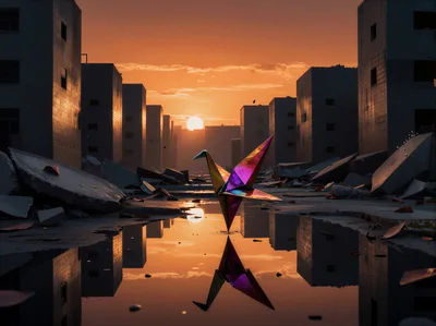 Iridescent Origami Crane In A Ruined Cityscape