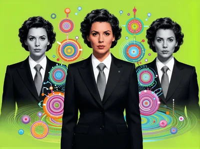 Three Identical Businesswomen With Abstract Digital Graphic Elements