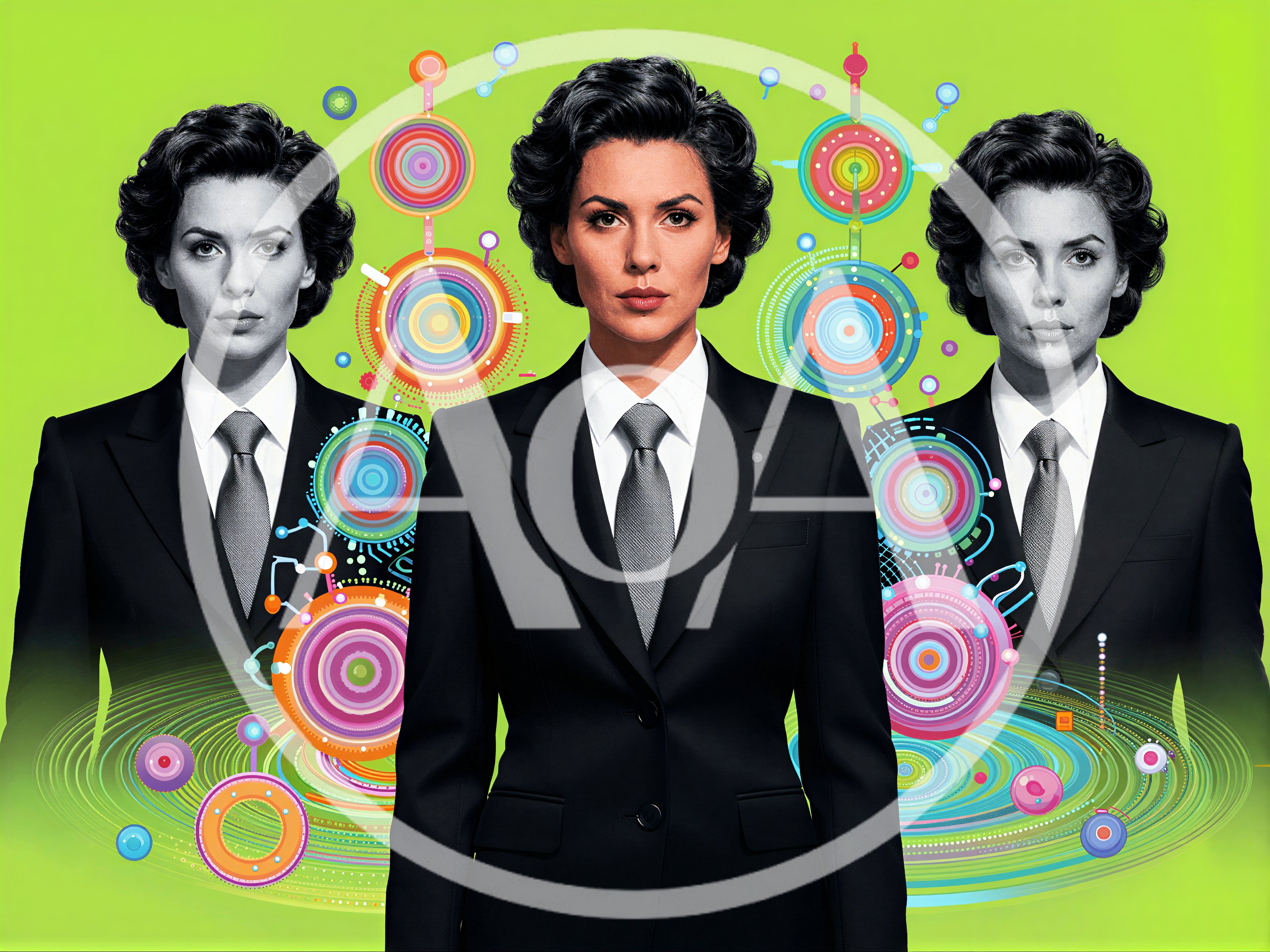 Three Identical Businesswomen With Abstract Digital Graphic Elements