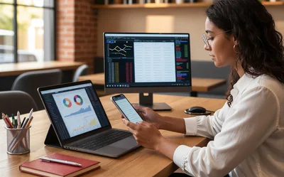 Professional Woman Analyzing Financial Data on Multiple Devices