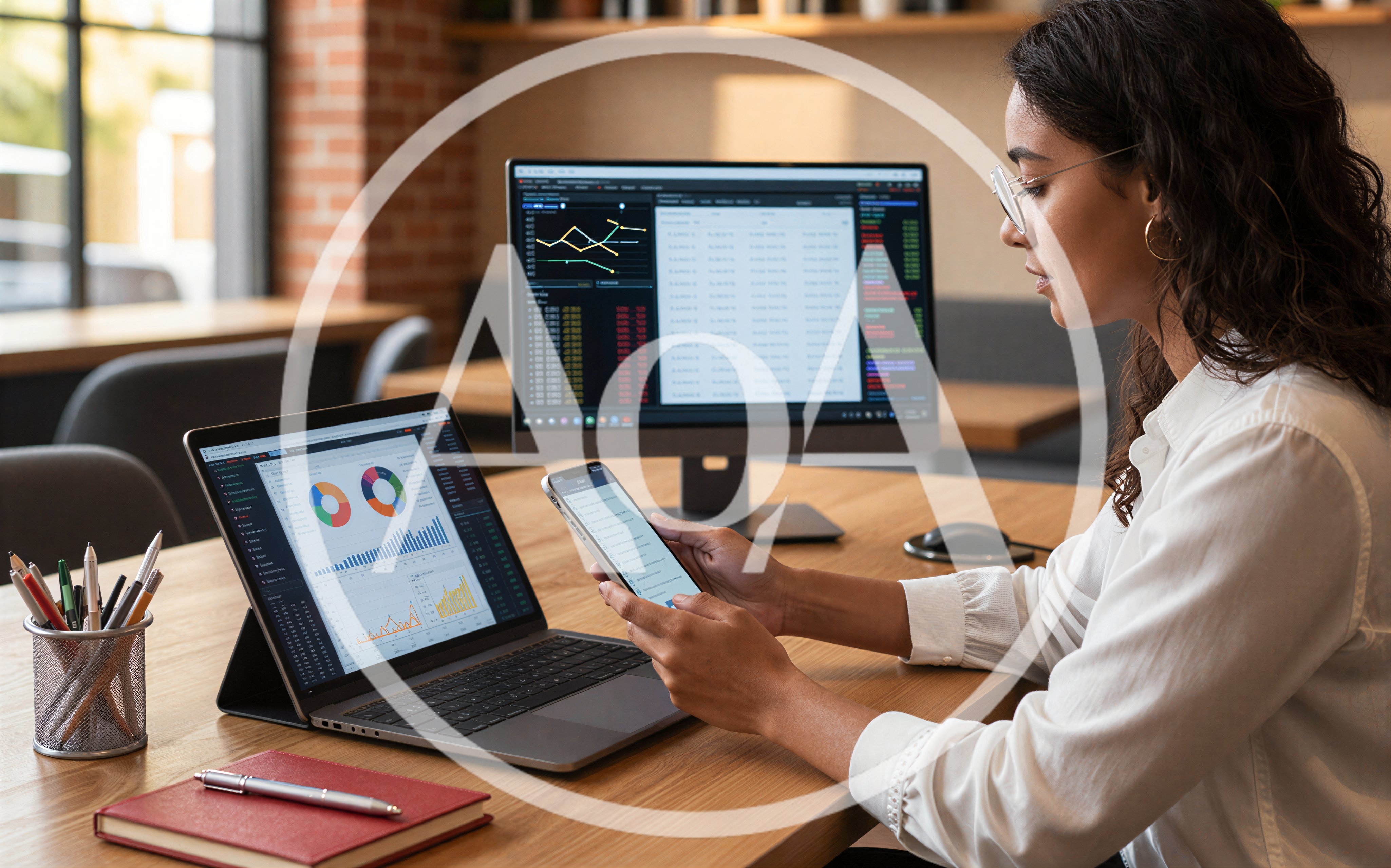 Professional Woman Analyzing Financial Data on Multiple Devices