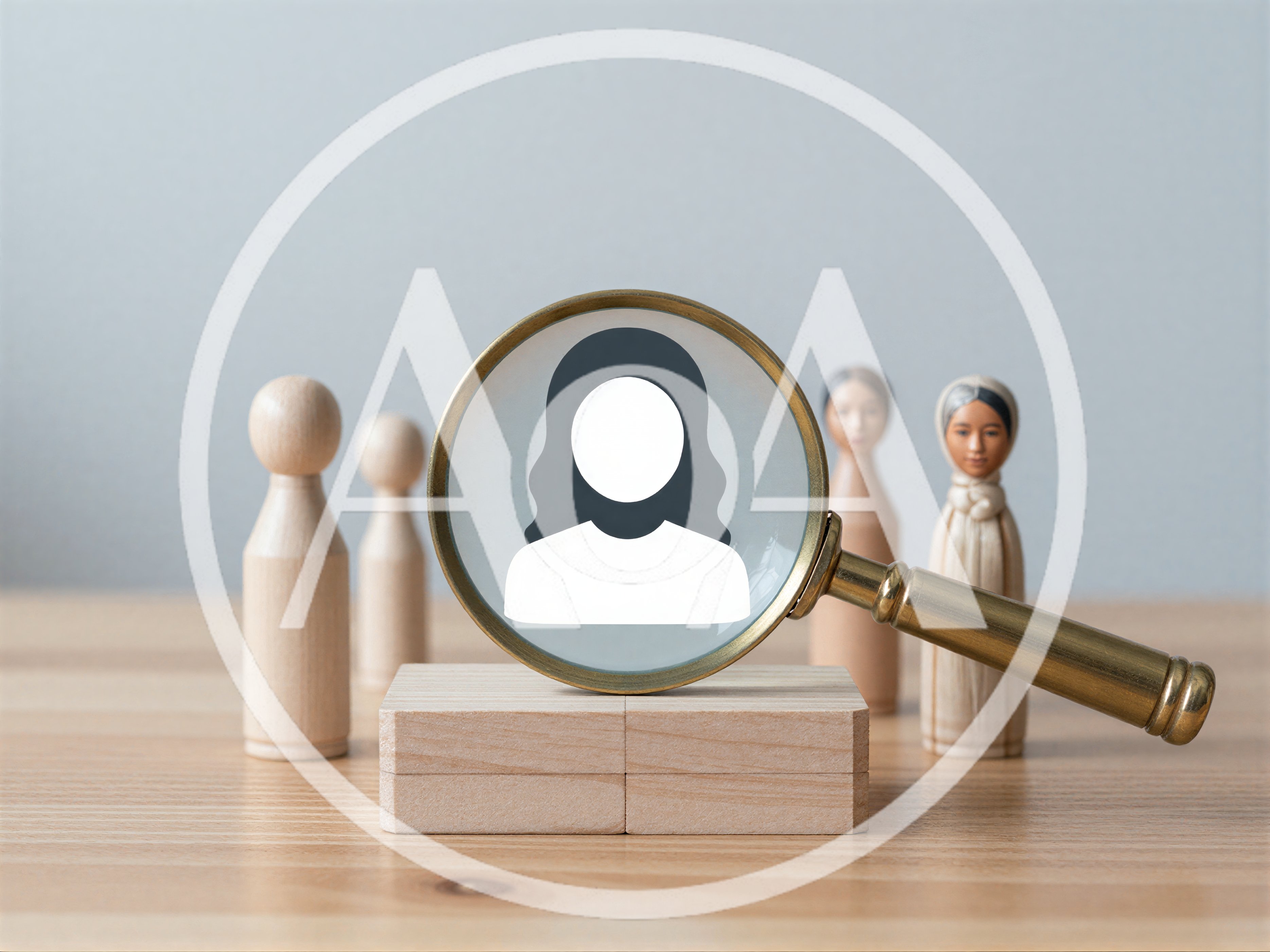 Magnifying Glass Focusing On Female Icon Among Wooden Figurines