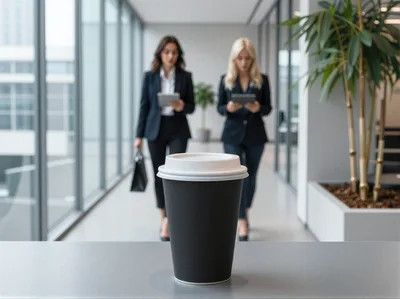 Black Coffee Cup On Office Desk With Blurred Colleagues