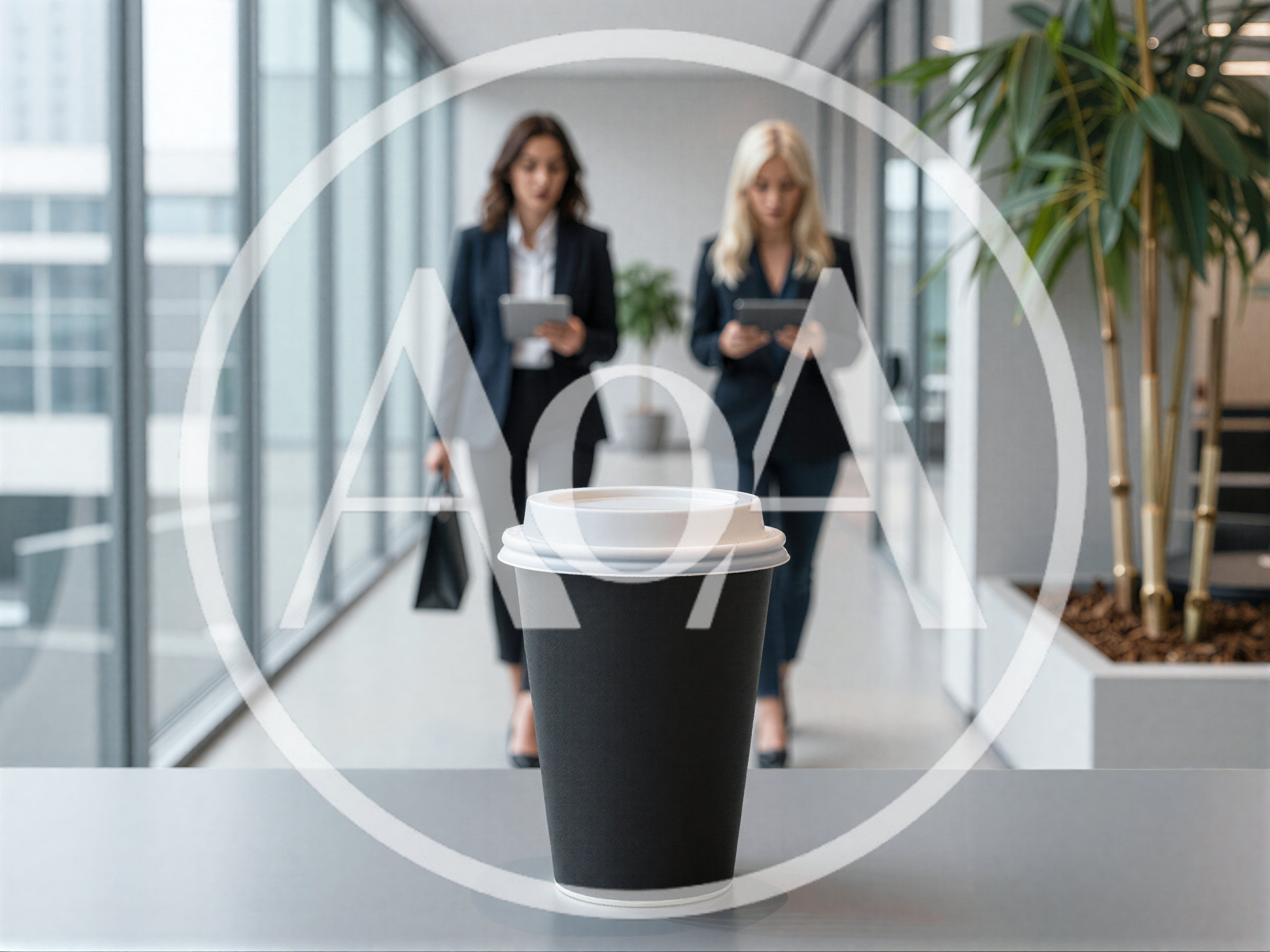 Black Coffee Cup On Office Desk With Blurred Colleagues
