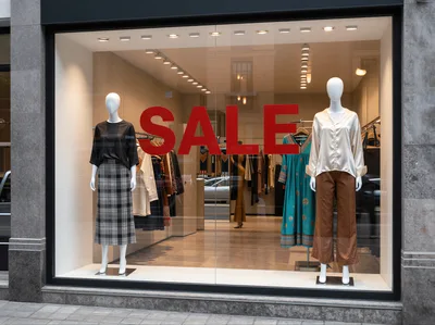 Clothing Store Window Display With Sale Sign