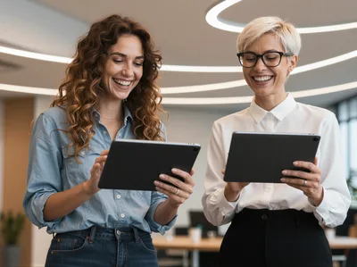 Two Professional Women Collaborating on Tablets in Modern Office