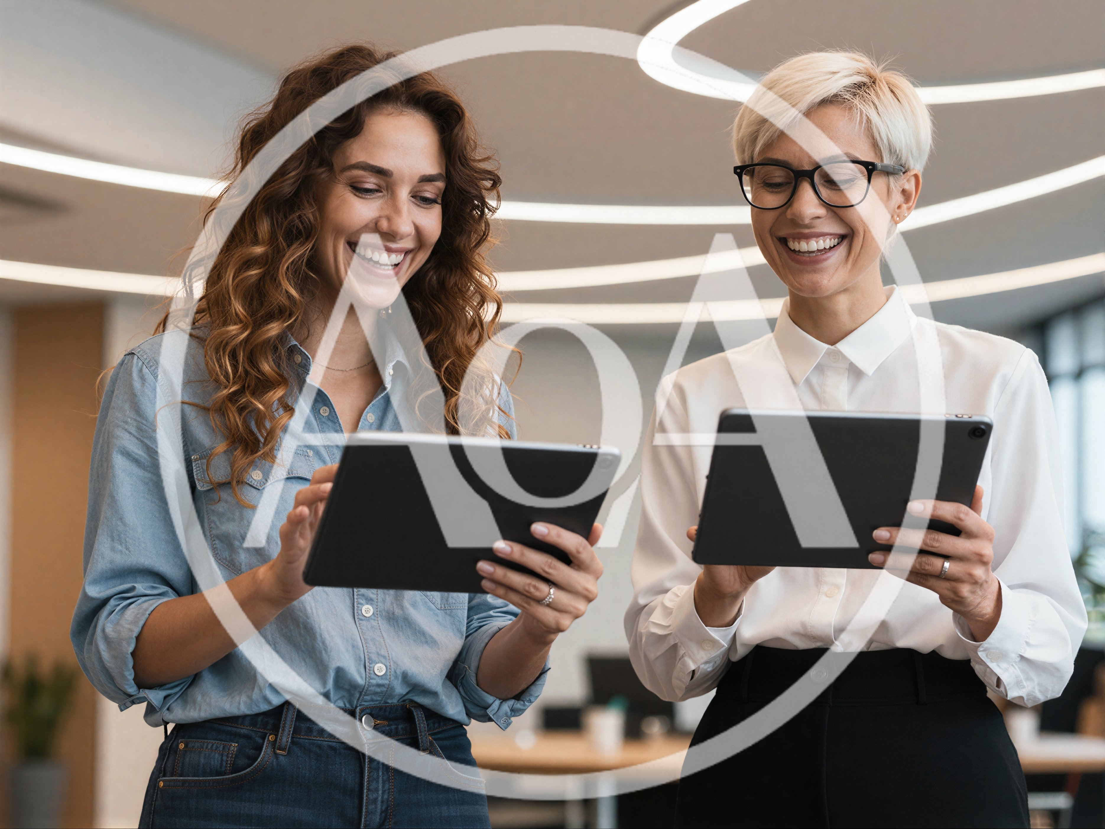 Two Professional Women Collaborating on Tablets in Modern Office