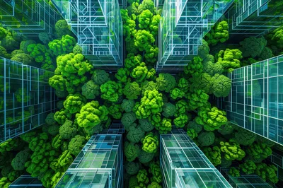 Aerial View Of Modern Glass Skyscrapers Amidst Lush Forest