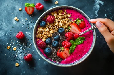 Hand Holding Spoon Over Vibrant Dragon Fruit Smoothie Bowl