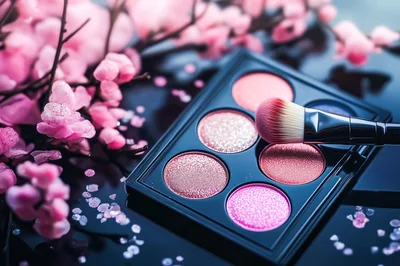 Makeup Eyeshadow Palette With Brush And Cherry Blossoms