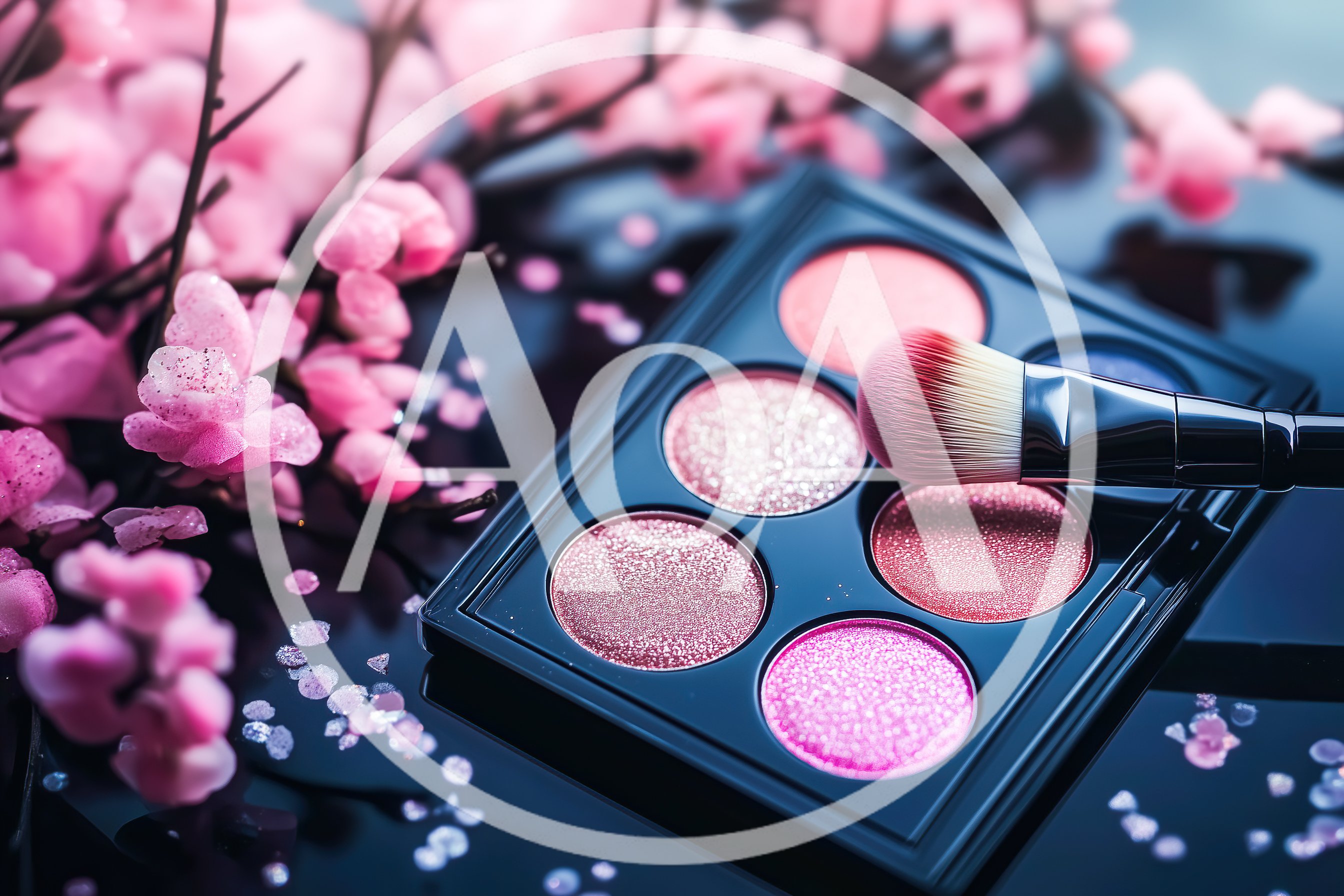 Makeup Eyeshadow Palette With Brush And Cherry Blossoms