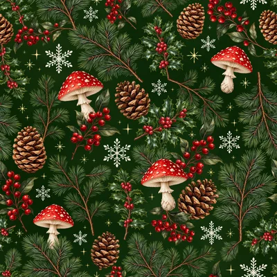 Seamless Christmas Pattern With Mushrooms And Pinecones