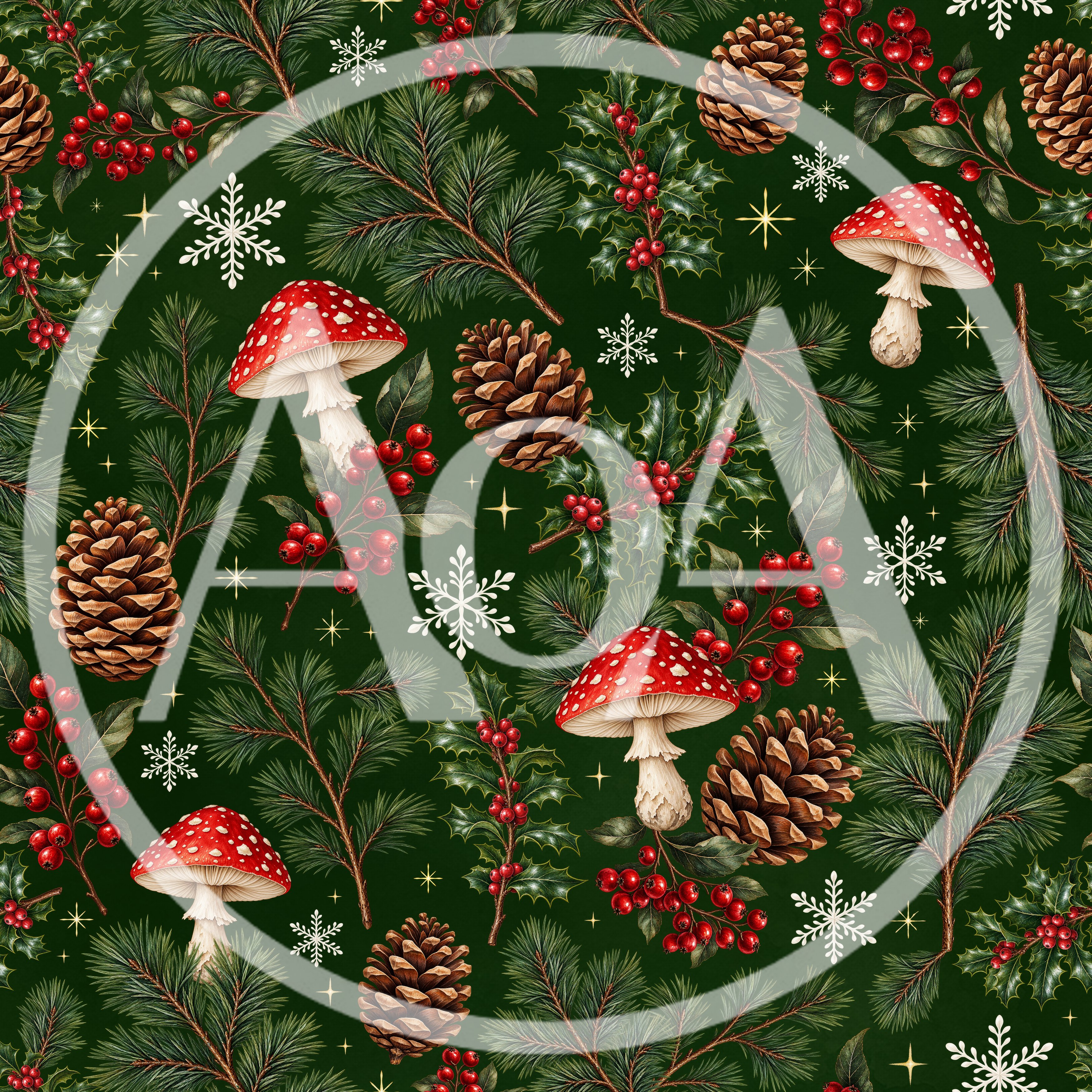 Seamless Christmas Pattern With Mushrooms And Pinecones