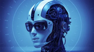Futuristic Android Head With Digital HUD Interface