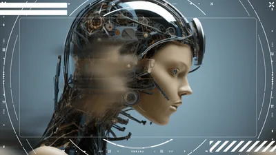 Futuristic Android Head With Rotating Mechanical Components