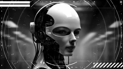 Futuristic Android Head With Digital Interface Overlay