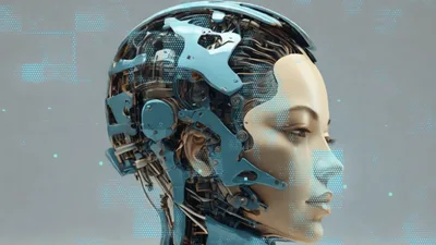 Futuristic Android Head With Digital Data Overlay