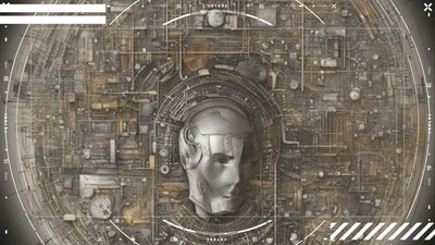 Futuristic Artificial Intelligence Head With Rotating Mechanical Circuitry