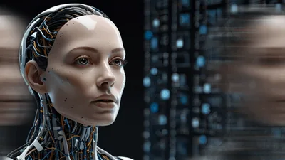 Humanoid Robot With Exposed Wiring And Digital Background