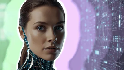 Cyborg Woman With Glowing Digital Interface Background