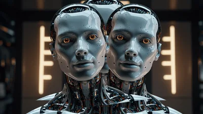 Futuristic Android Heads Merging and Separating in Laboratory