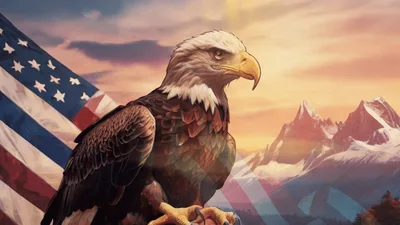 Majestic Bald Eagle Perched Before American Flag and Mountains