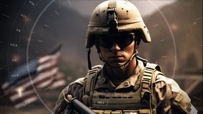 Soldier Standing In Front Of American Flag With Digital Overlay
