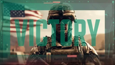 Soldier Standing Before American Flag With Victory Text Overlay