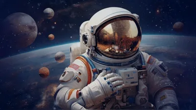 Astronaut Floating In Space With Earth And Planets