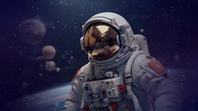 Astronaut Floating In Deep Space With Planets