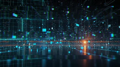 Digital Data Network Visualization With Floating Geometric Shapes