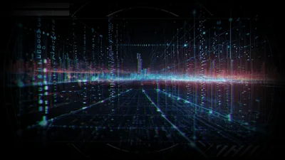 Digital Data Grid With Glowing Particles And Cityscape