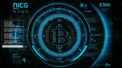 Digital Bitcoin Symbol Rotating Inside Futuristic HUD Interface