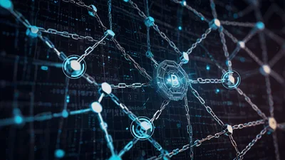 Digital Bitcoin Symbol Connected By Chains In Network