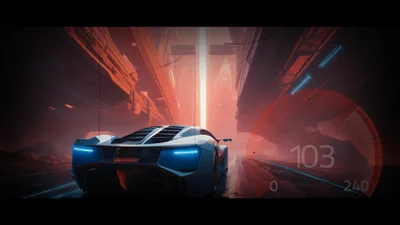Futuristic Sports Car Accelerating Through Cyberpunk Cityscape