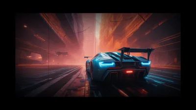 Futuristic Sports Car Driving Through Neon Cyberpunk City