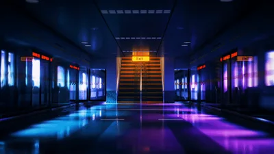 Empty Subway Station With Glowing Neon Lights