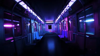 Empty Subway Car With Neon Purple Lighting