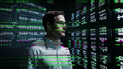 Man Standing In Dark Server Room With Digital Glitch