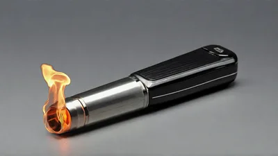 Flaming Metal Lighter on Grey Background